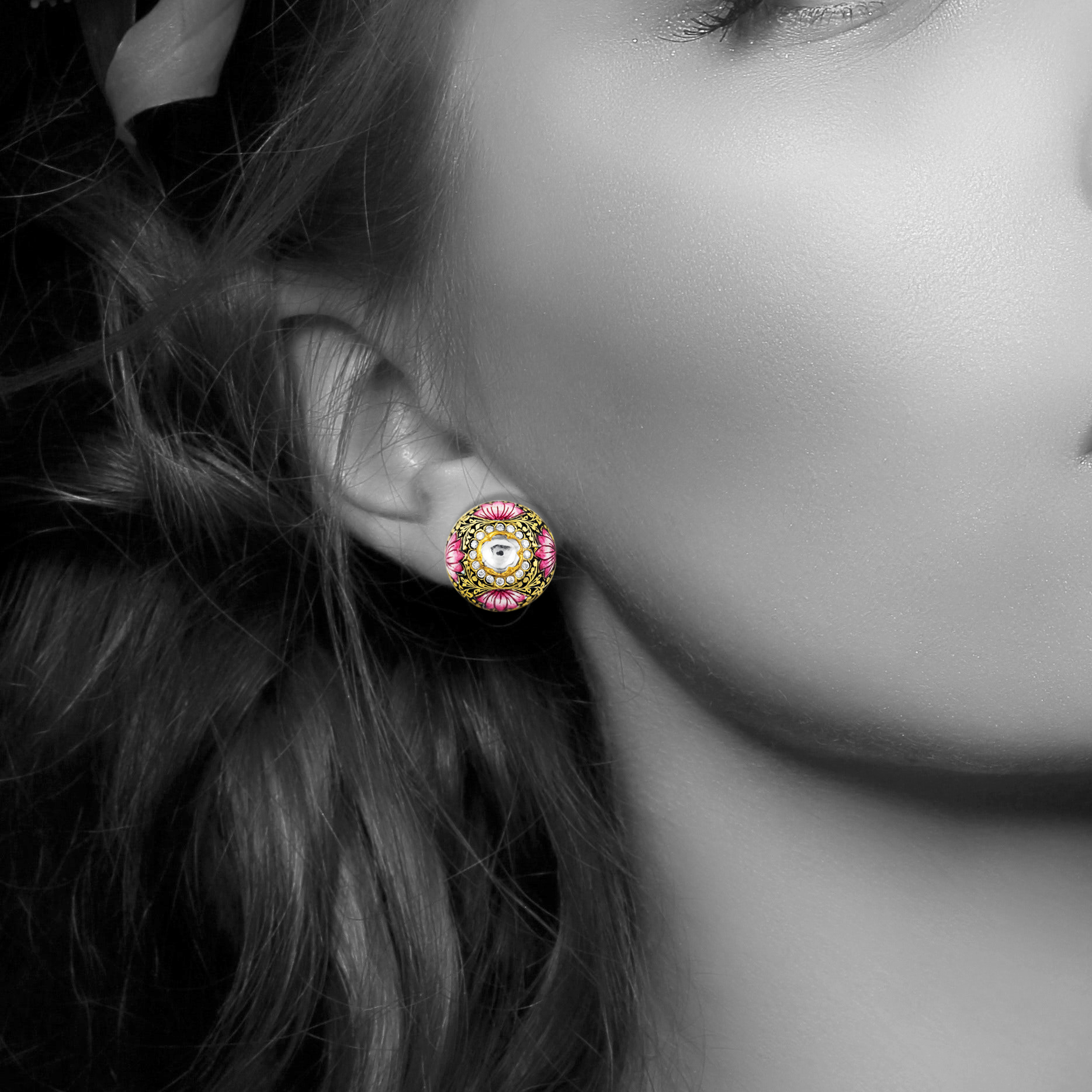 Partash Studs with Polki, Full-Cut Diamonds, and Lotus Enamel